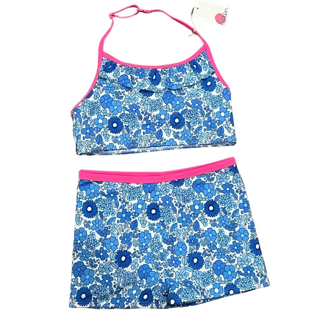 Boden Girls 13/14 Blue Floral Halter Two Piece Shorts Swim Suit NWT